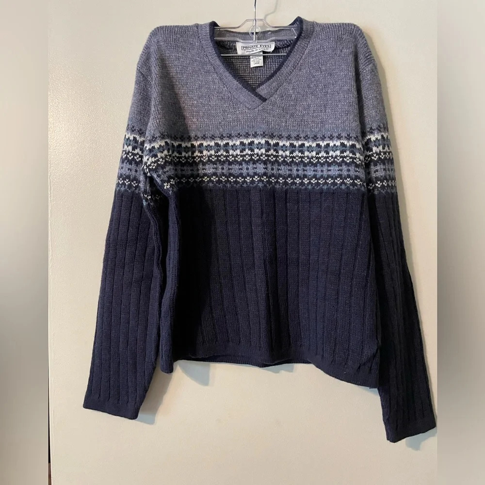 Vintage 90’s Private Eyes Made In The USA V Neck Knitted Fair Isle Sweat…